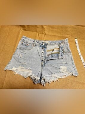 Pacific Sunwear Light Blue Distressed Denim Button-Front Shorts